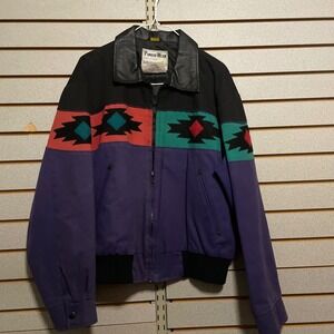 Vintage Pioneer Wear Southwestern Jacket Aztec Print Bomber Leather Collar M 90s